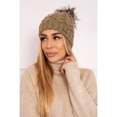 Kötött téli sapka műszőrme pomponnal – világos khaki