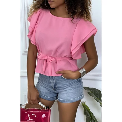 Rózsaszín blúz fodros ujjakkal és megkötővel 