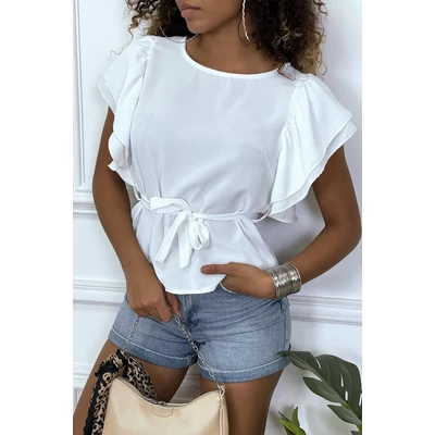 Fehér blúz fodros ujjakkal és megkötővel