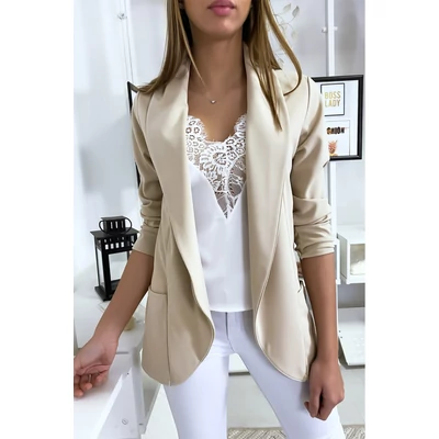 Bézs blézer felső kendő gallérral és zsebekkel 
