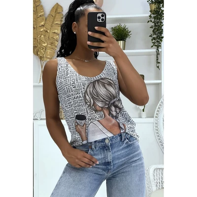 V nyakú kötött felső - Lány mintával és fekete feliratokkal 