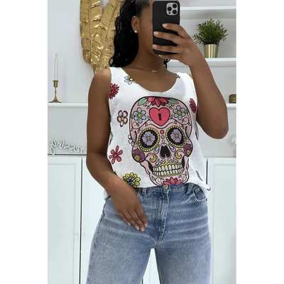 V nyakú kötött felső - Virág/koponya mintával