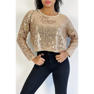 Rövid flitteres hosszú ujjú felső - Taupe