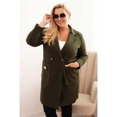 Elegáns női kabát gallérral és nagy zsebekkel -khaki