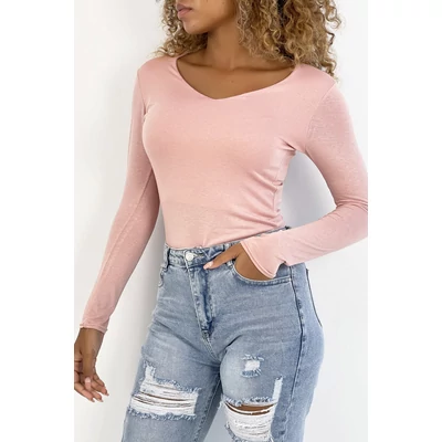 V-nyakú rózsaszín felső hosszú ujjal