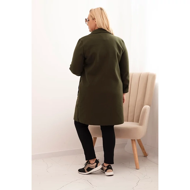 Elegáns női kabát gallérral és nagy zsebekkel -khaki
