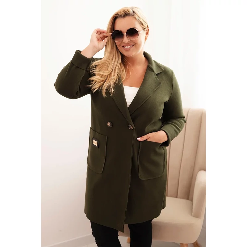 Elegáns női kabát gallérral és nagy zsebekkel -khaki