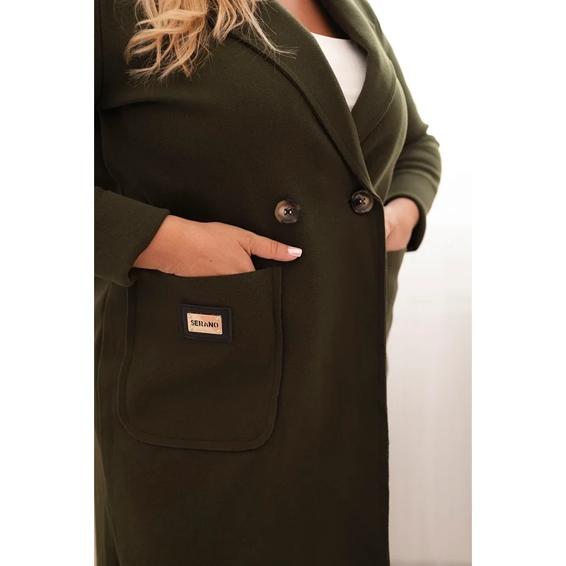 Elegáns női kabát gallérral és nagy zsebekkel -khaki