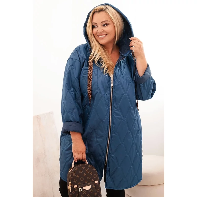 Plus Size női steppelt kabát kapucnival - Farmerkék